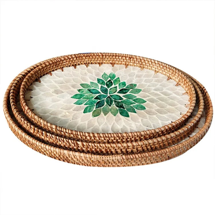 Creative Hand Woven Natural Kitchen Serving Rattan Shell Tray Storage Oval Rattan Tray for Food