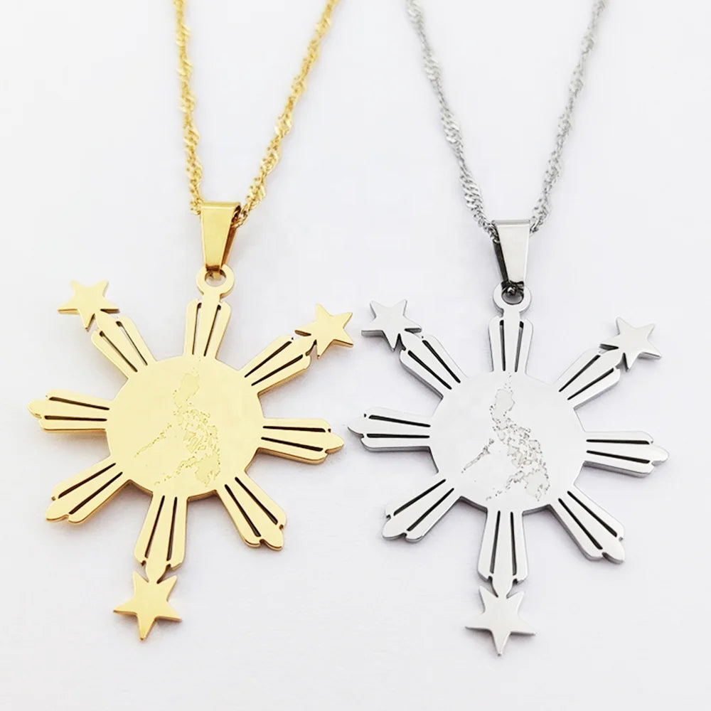 Philippines Map Pendant Necklace Stainless Steel Philippine Island Map Sun Star Necklace Gold Philippine Pride Joyas De Plata