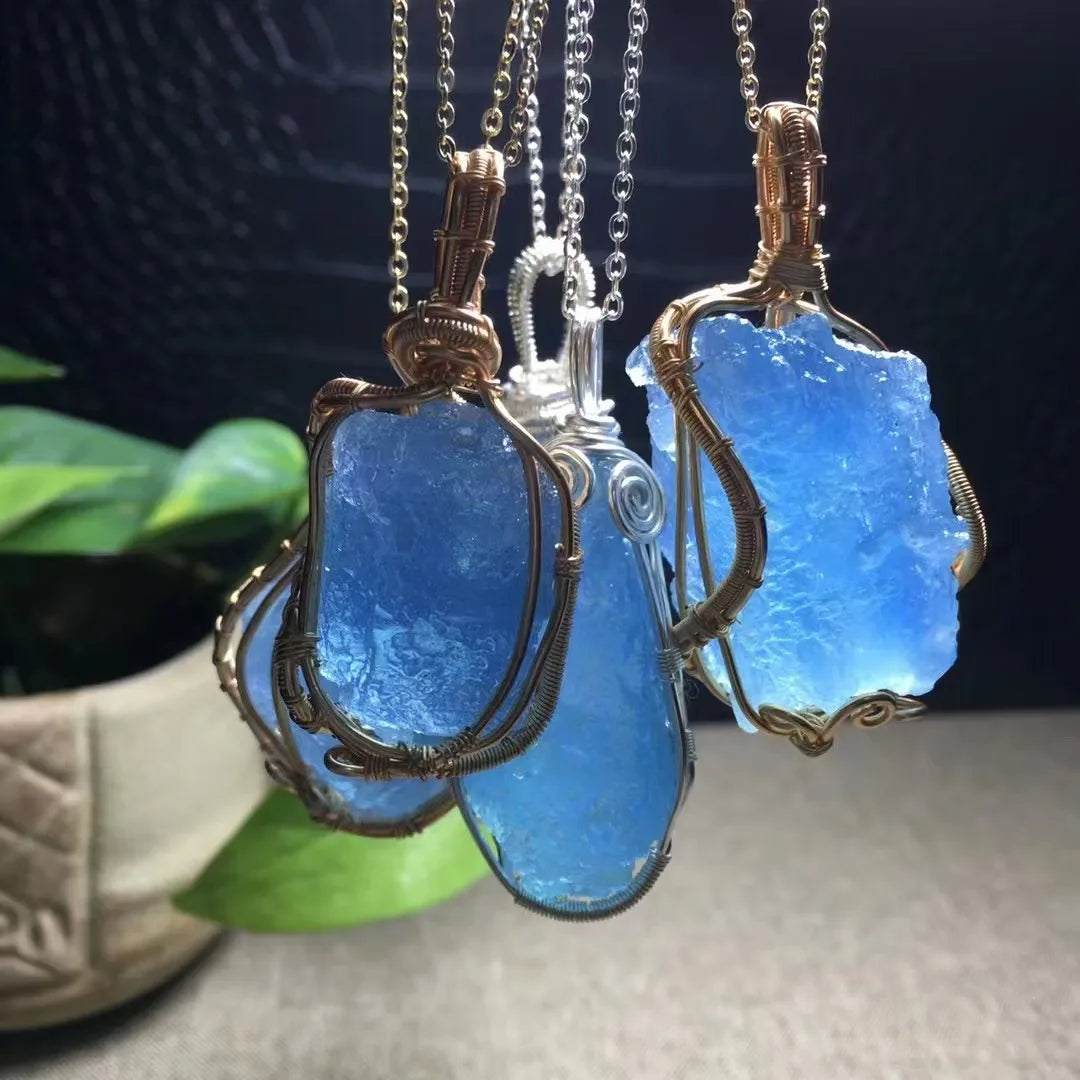 Aquamarine Pendant Natural Crystal Copper Wire Aquamarine Rough Stone Pendant for Decoration