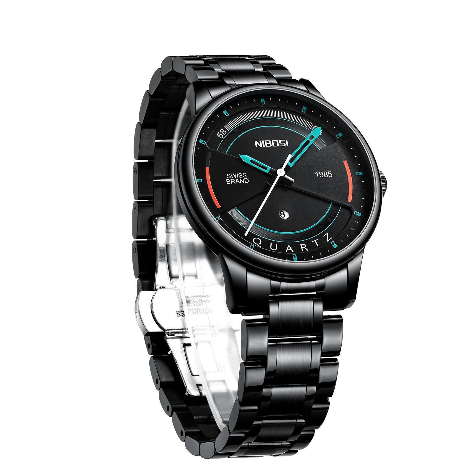 NIBOSI 2392 Black Quartz Watches Waterproof Chronograph Stainless Steel Band Wristwatch