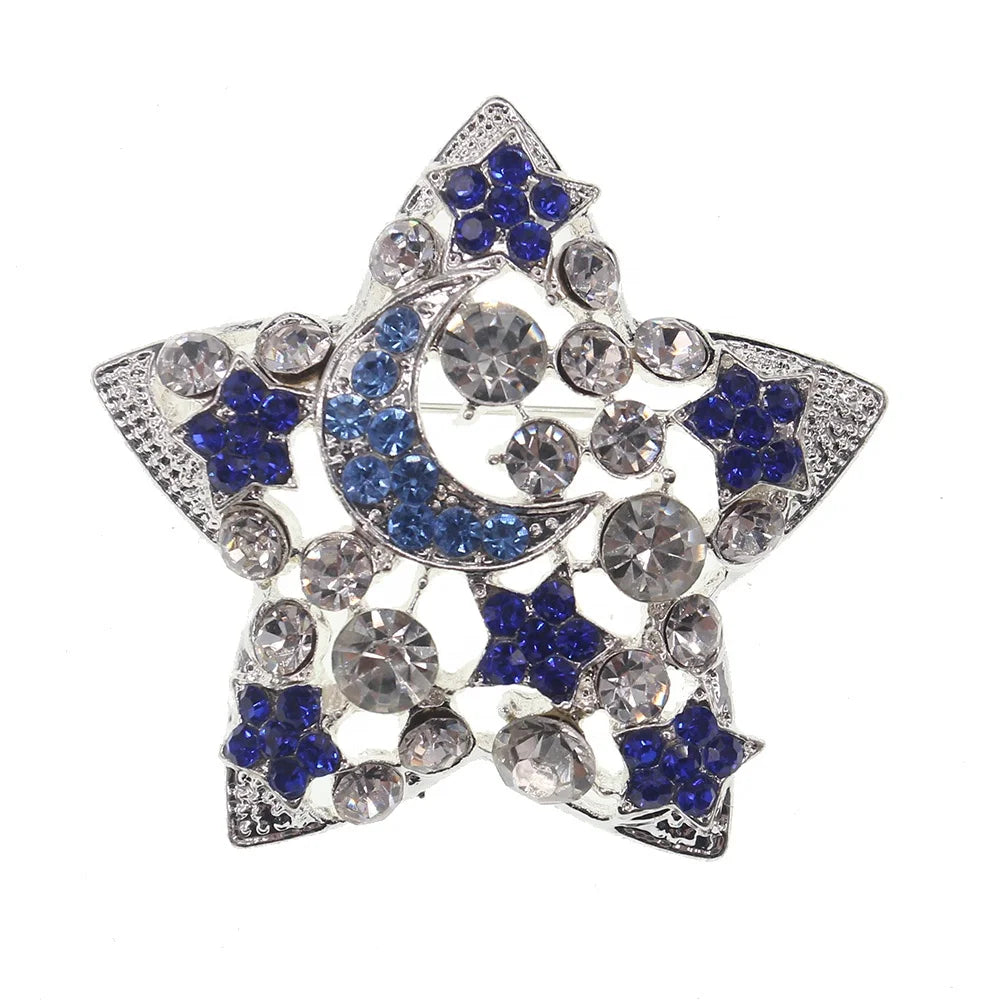 50mm Silver Plated Zinc Alloy Blue Rhinestone Crystal Moon Star Brooches for Wedding Engagement Children's Party Gift