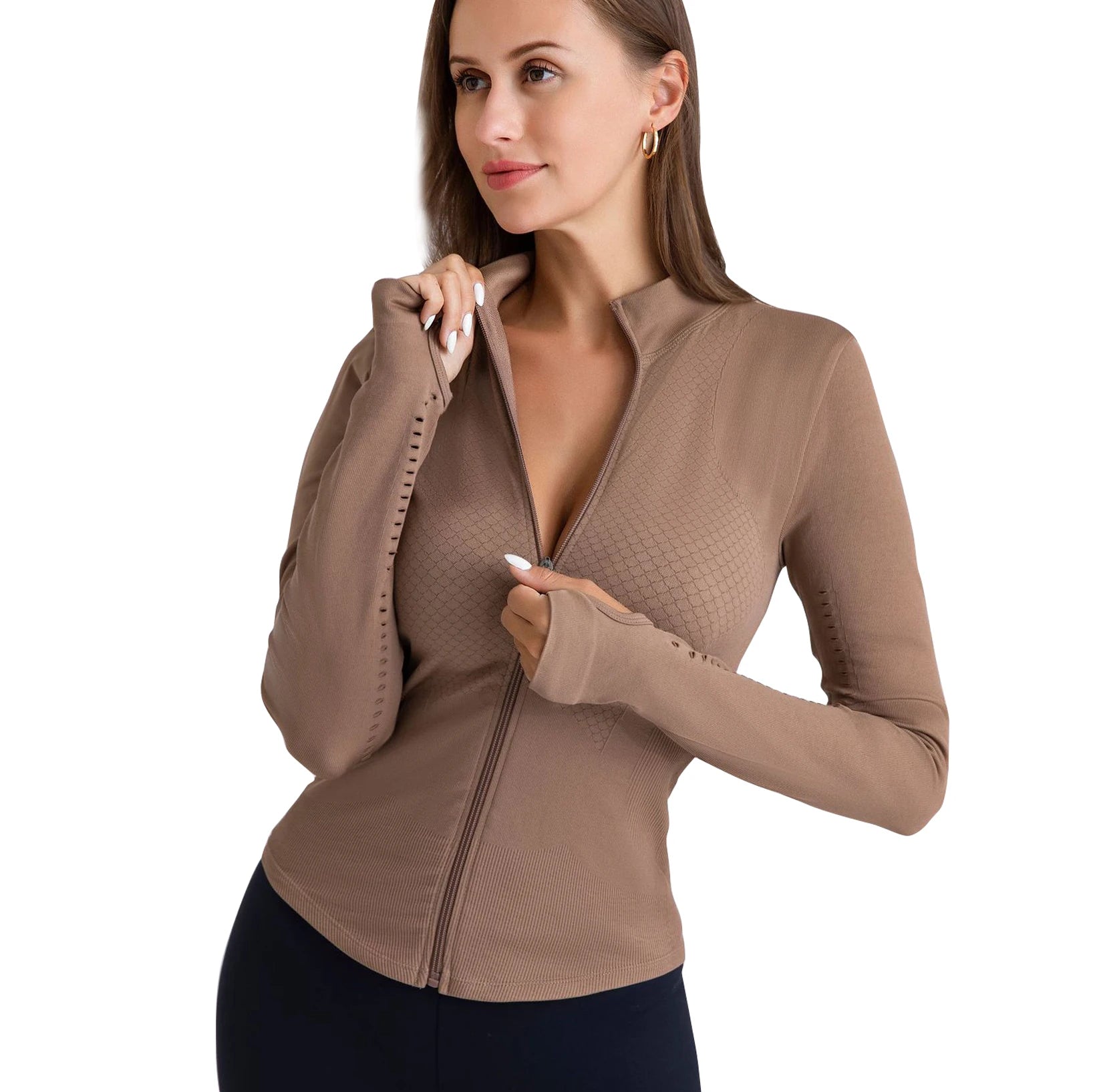 Women's Long Sleeve Seamless Running Jacket Comfortable Compression Fitness Sports Wear Soft Front Breathable Lightweight Solid