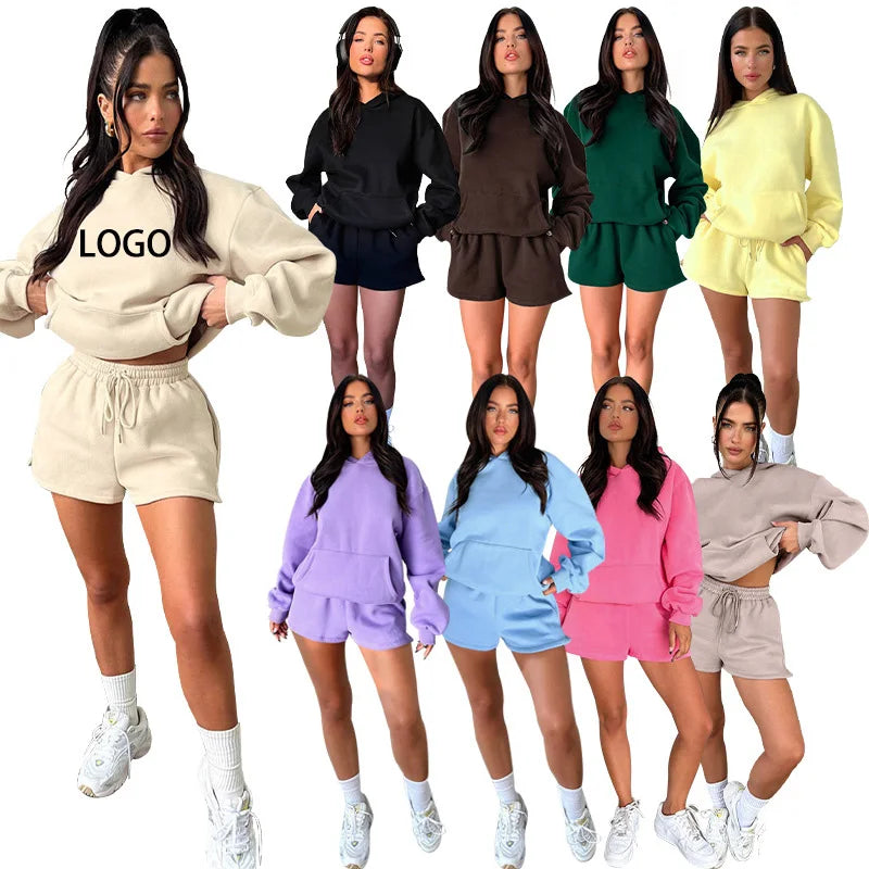 Custom Logo New Women's Street Wears Tracksuit Long Sleeve Pullover Hoodies Set Women's Two Piece Shorts Set