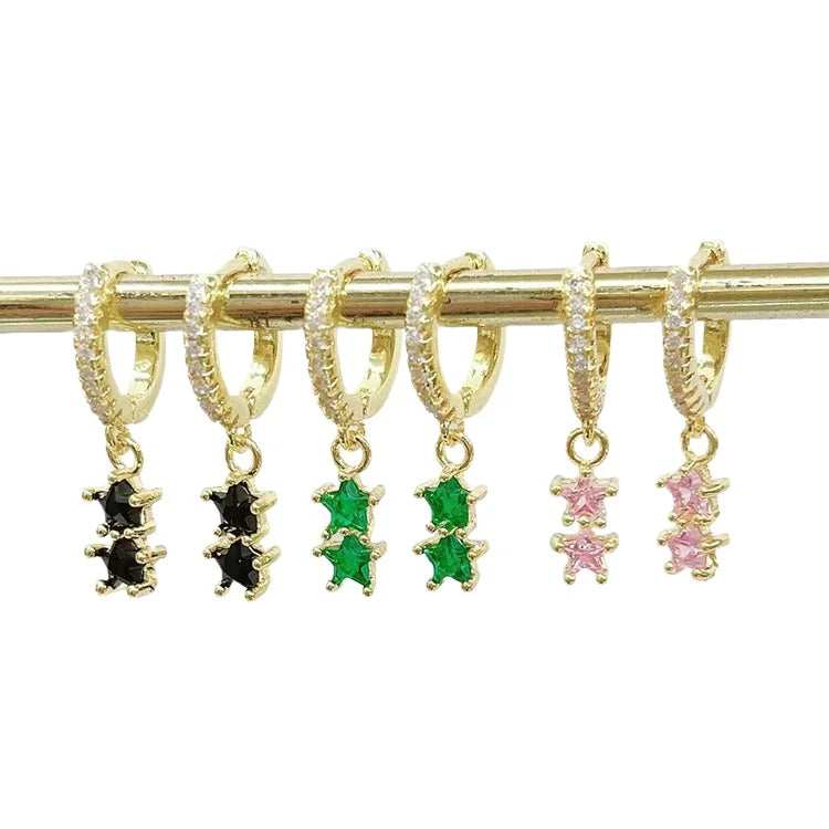EC1839 Dainty Mini 18k Gold Plated Double Pave CZ Diamond Crystal Star Dangle Charms Huggie Hoops Earrings