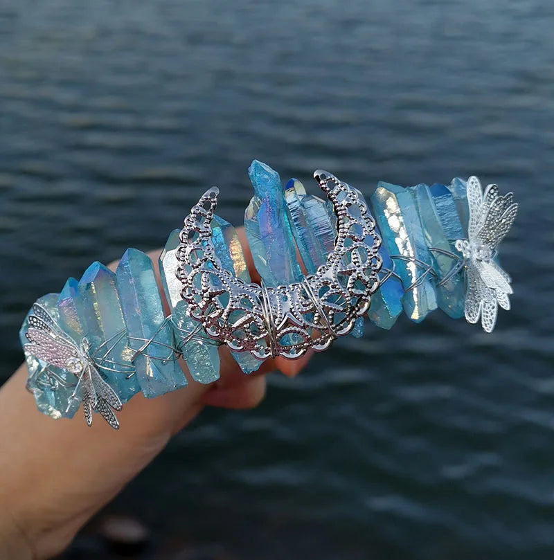 DIY High fashion plating clear blue handmade comb custom dragonfly accessories moon crown bridal headband hair accessories crystal crafts