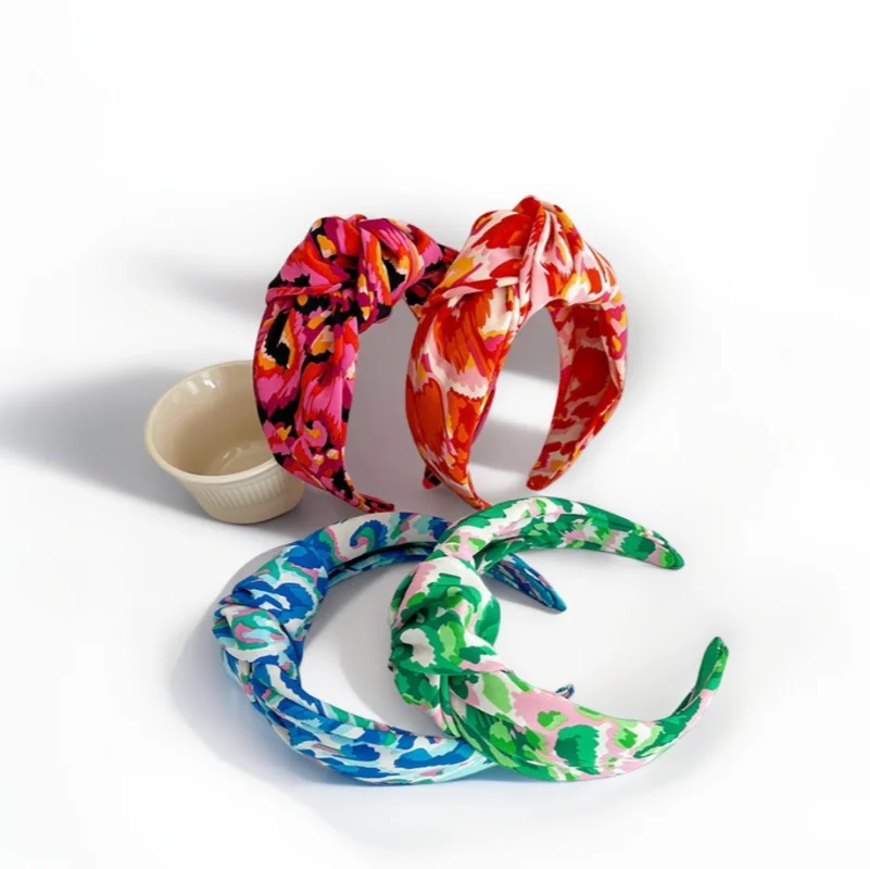 Fashionable Korean Headdress Hair Band Decoration Wide Edge Satin Cloth Fabric Headband with Printed Flower Knotted Design