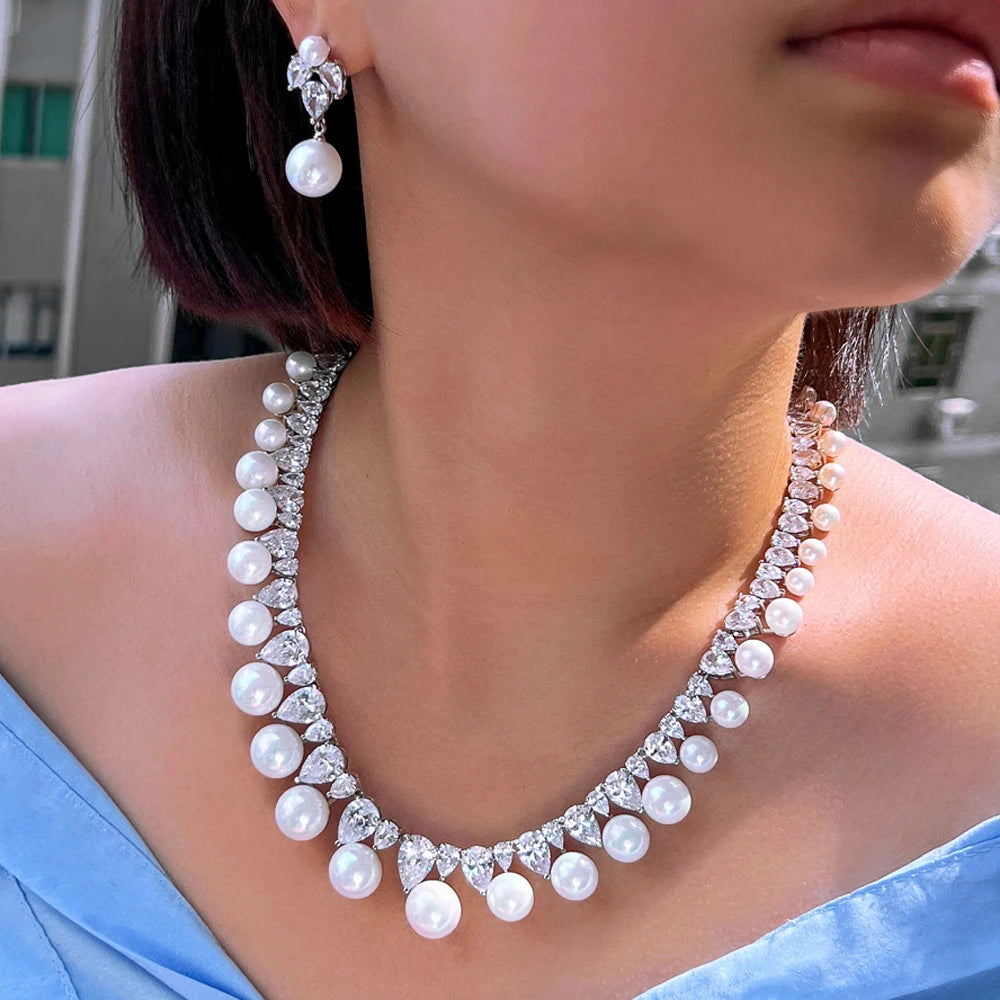 Bling Cubic Zirconia Big Simulated Pearl Necklace and Earrings Bridal Luxury Jewelry Set for Women Wedding Engagement Accessory