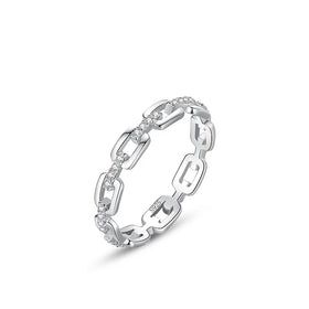 Rhodium Plated Chain Link Design Cubic Zirconia Wide Minimalist Flat Ring for Men's Wedding Bands Party & Gift Jewelry