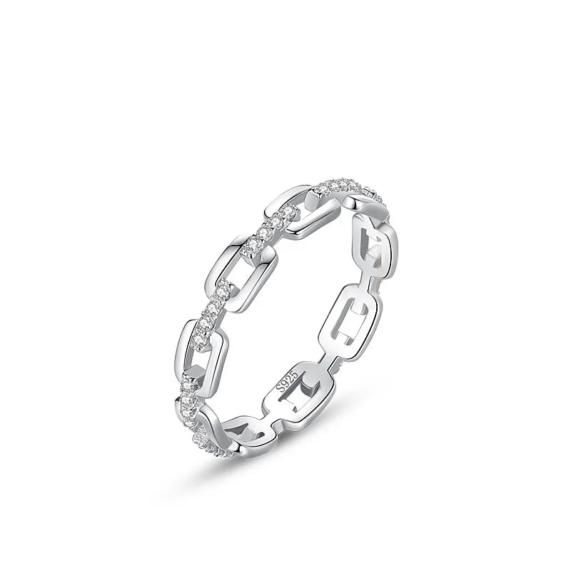 Rhodium Plated Chain Link Design Cubic Zirconia Wide Minimalist Flat Ring for Men's Wedding Bands Party & Gift Jewelry