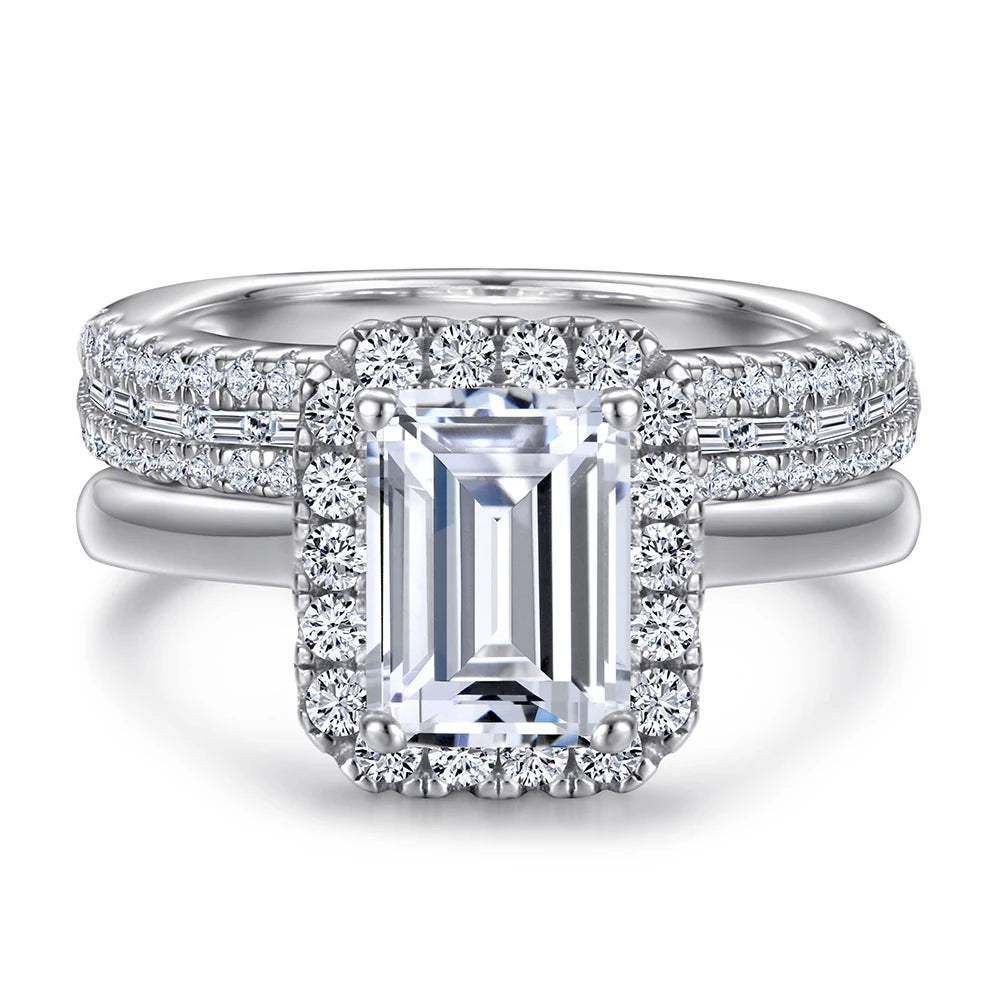 Rectangle Halo Zircon Double Row Set Ring Sterling Silver