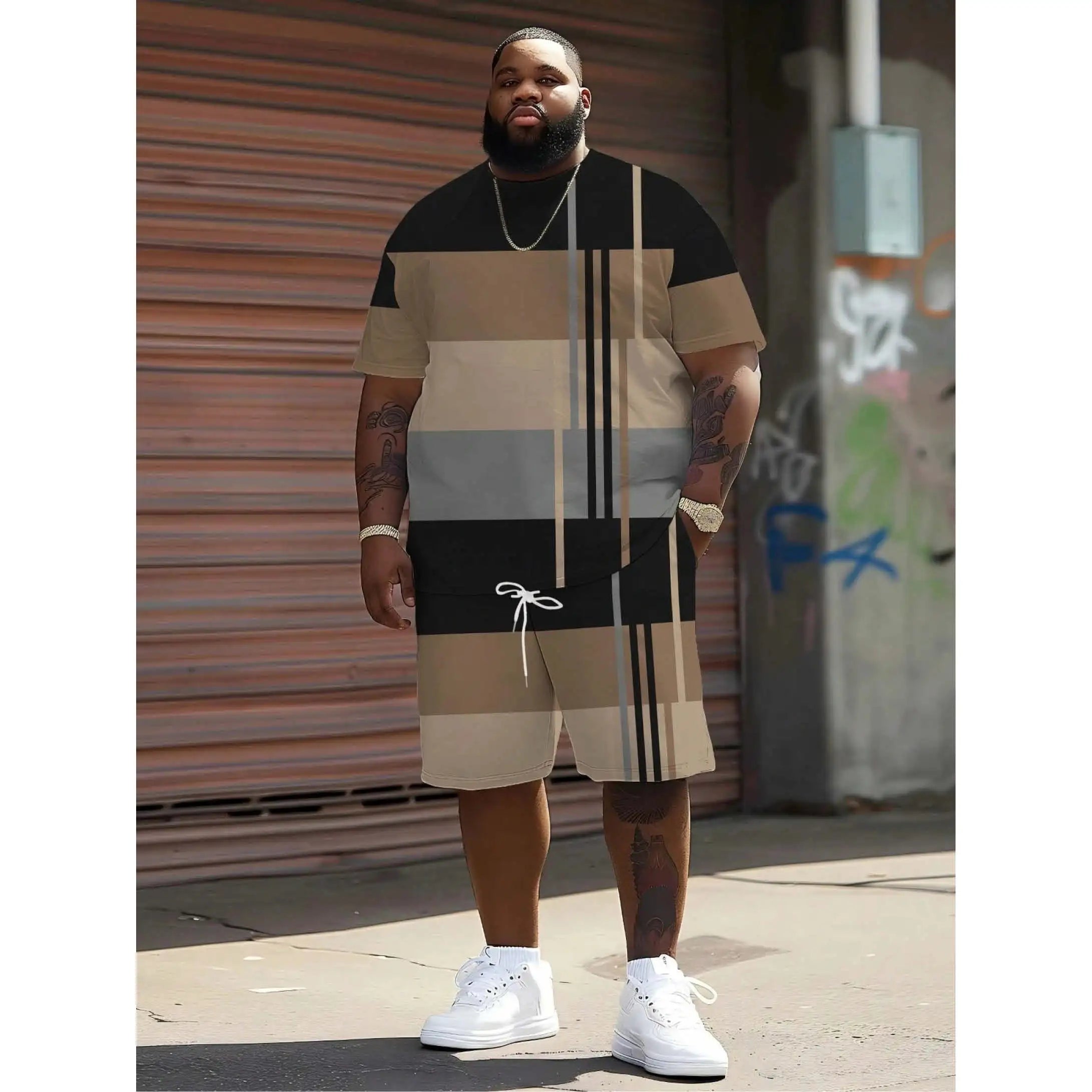 Men's Matching T-Shirt Set Bold Stripe Pattern Premium Luxury Plus Size Apparel Long-Lasting Shape