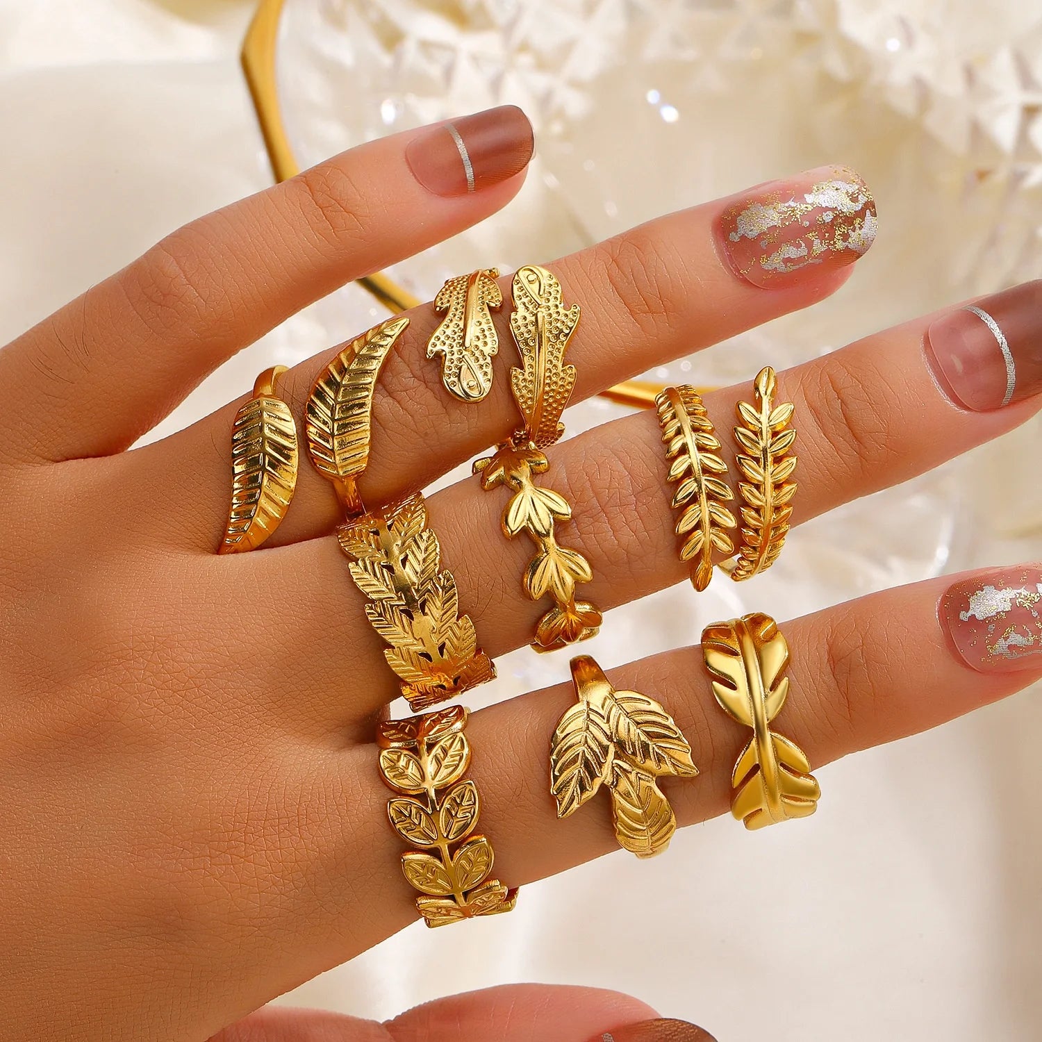18K Gold Plated Stainless Steel Ring Personalized Opening Adjustable Leaf Finger Ring