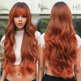 MOQ 1 Long Curly Wavy Hair Wigs Brownish Red Gradient Haircut Wigs Middle Part Layered Synthetic Fiber Hair Wigs for Women
