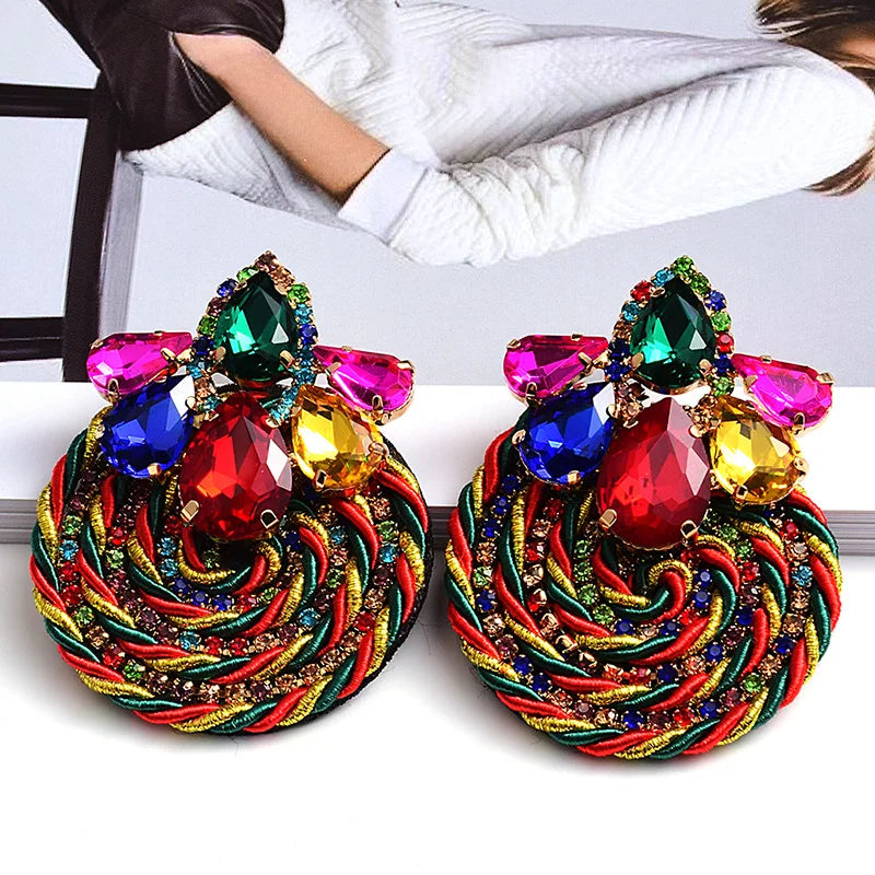 2024 Colorful Crystal Earrings High-quality Ethnic Rhinestone Handmade Round Drop Earring Summer Jewelry Accessories for Women