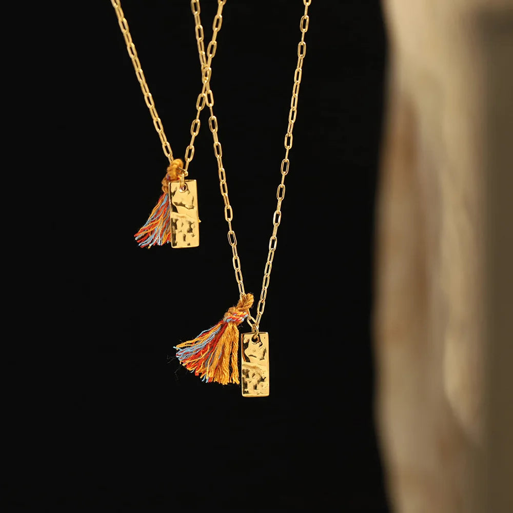 New Small Gold bar Tibetan Style Hammer Pattern square Colorful Rope Handmade Stainless Steel Necklace Sweater Chain
