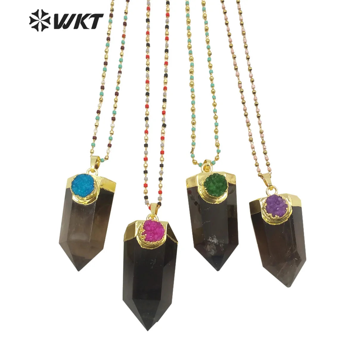 WT-N1289 Charming 18k Real Gold Plated Smoky Quartz with Druzy Hexagon Quartz Point Necklace Populared Spirit Quartz Necklace