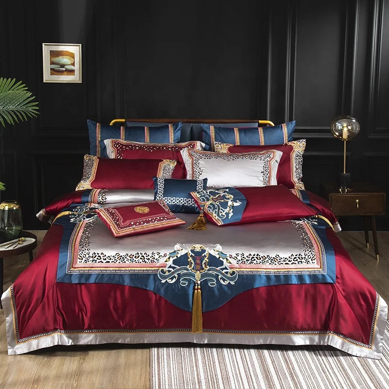 ODM/OEM Palace Style 100% Cotton Cozy Red Embroidery King Size Pillow Cases & Quilt Cover Set Home Textile Bedding All-Season