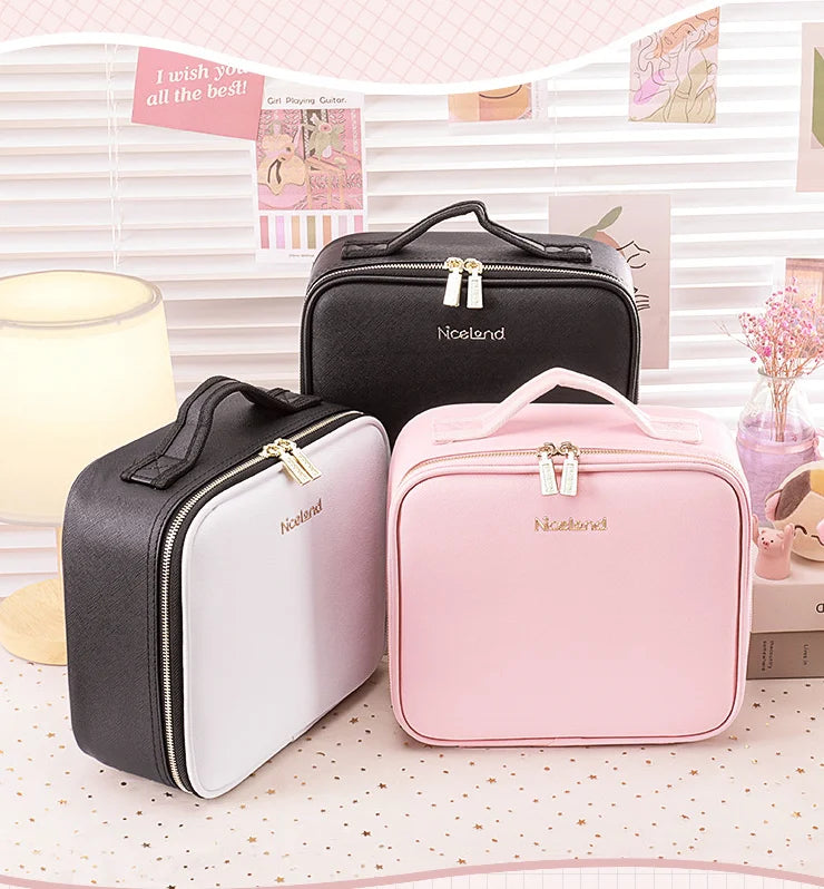 High Quality Hot Selling Waterproof Customized Makeup Bag Hand-held Mirror 3 Colors Adjustable Makeup Bag with Led Mirror