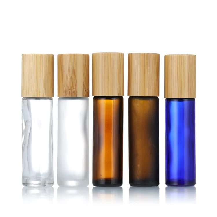 5ml 10ml 15ml Frosted Amber Glass Roll on Bottle with Bamboo Lid for Essential Oil Roller Ball