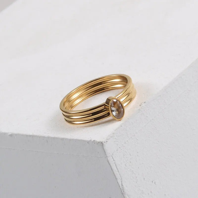 Fenny Stainless Steel Jewelry Permanent Oval Eye Shape Three Layered Ring for Women 18K Gold Plated Wholesale Jewelry