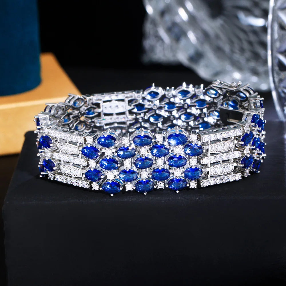 Glamorous Chunky Oval Round Cut Royal Blue Cubic Zirconia Crystal Big Luxury Bracelets for Women Wedding Event