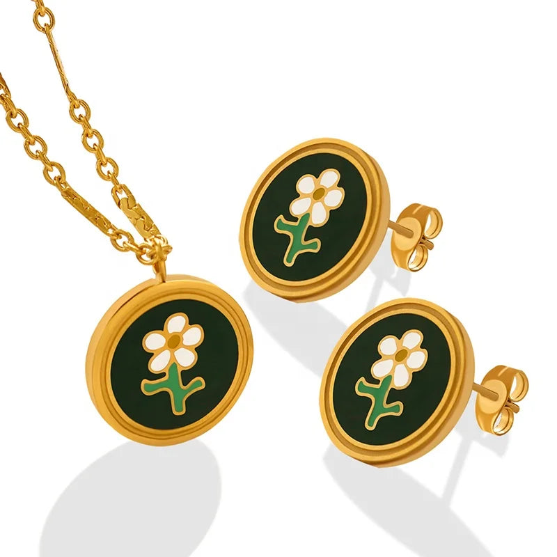 Hot Selling New Stainless Steel Water Drop Oil Flower Necklace Earrings Fashion Jewelry Set