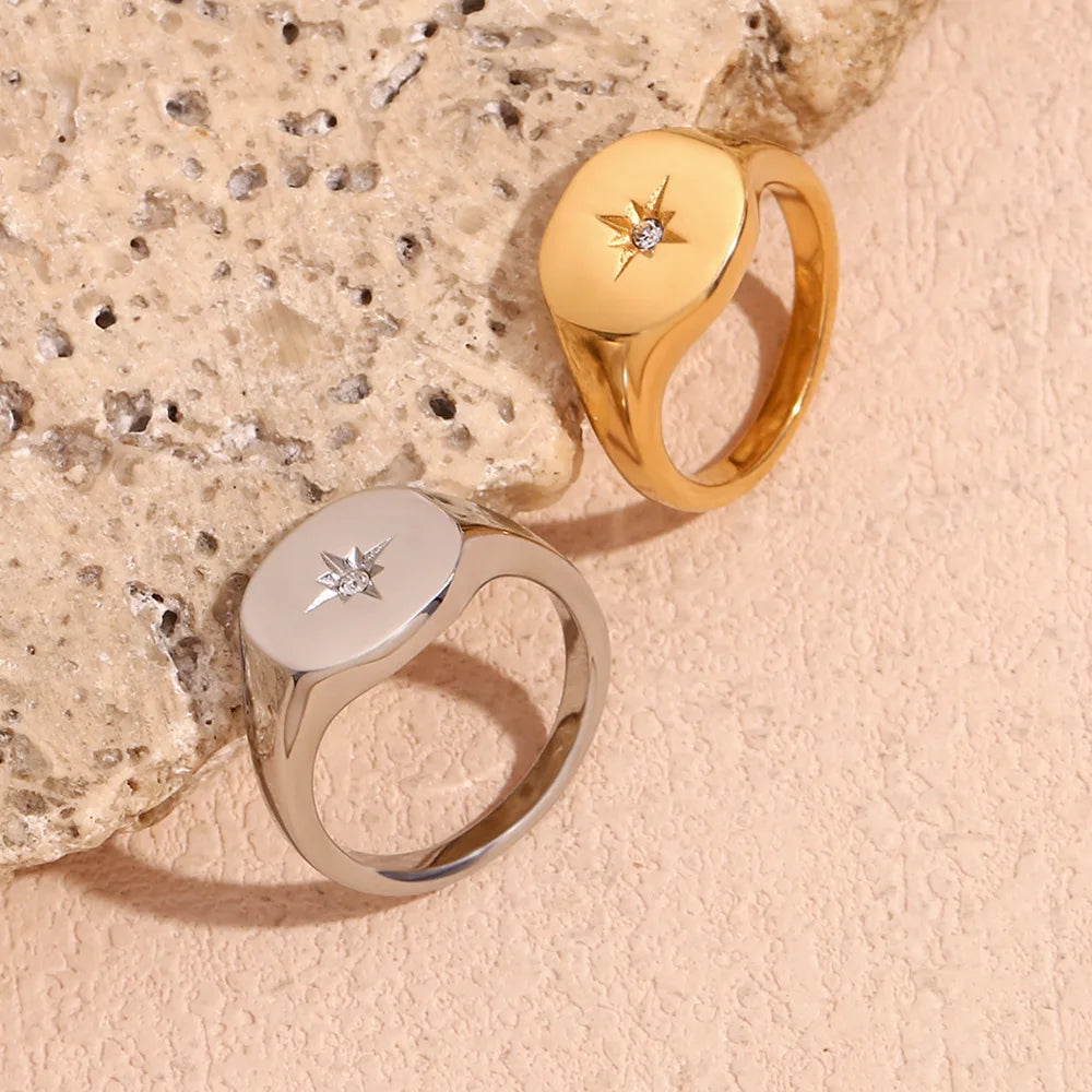 Fashion Waterproof Stainless Steel Jewelry 18K Gold Plated Diamond Cubics Zirconia North Star Seal Signet Ring for Women Girls