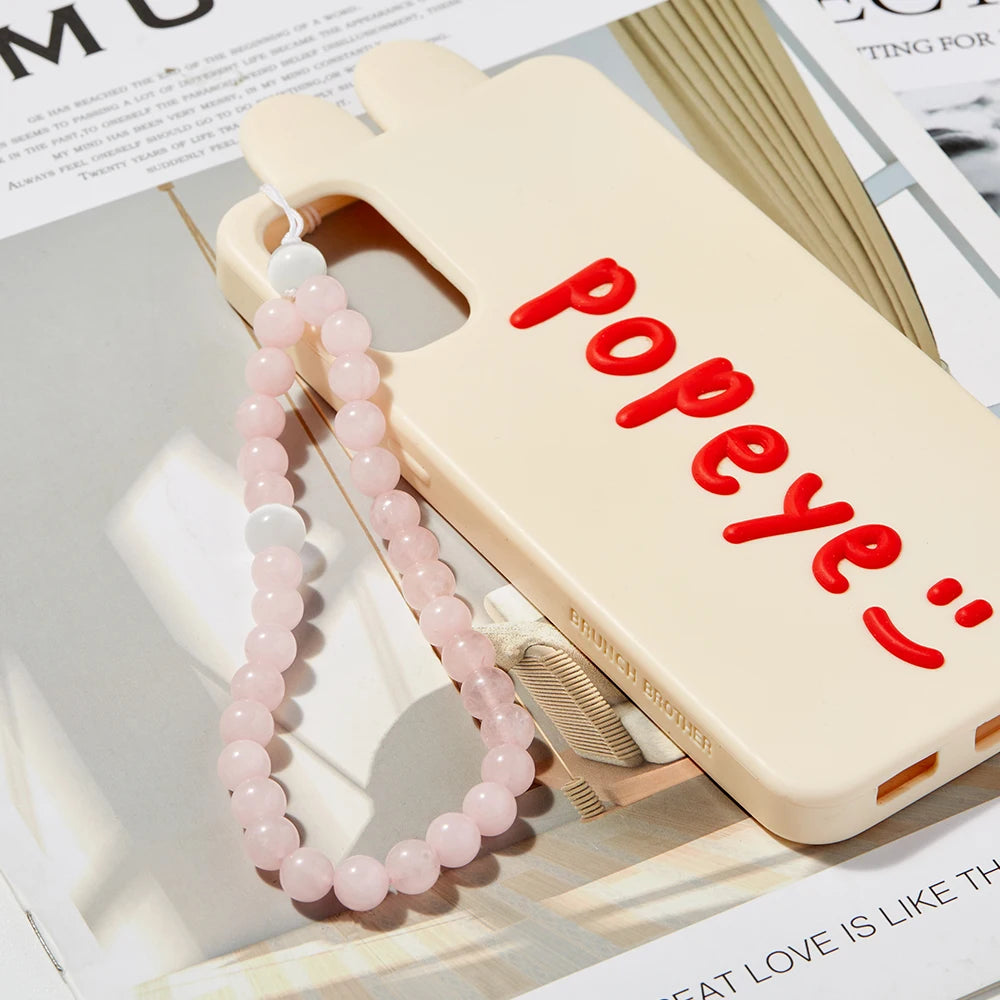 Handmade Customized Mobile Phone Hanging Chains Pink Natural Stone Crystal 8mm Beaded Straps Phone Holder