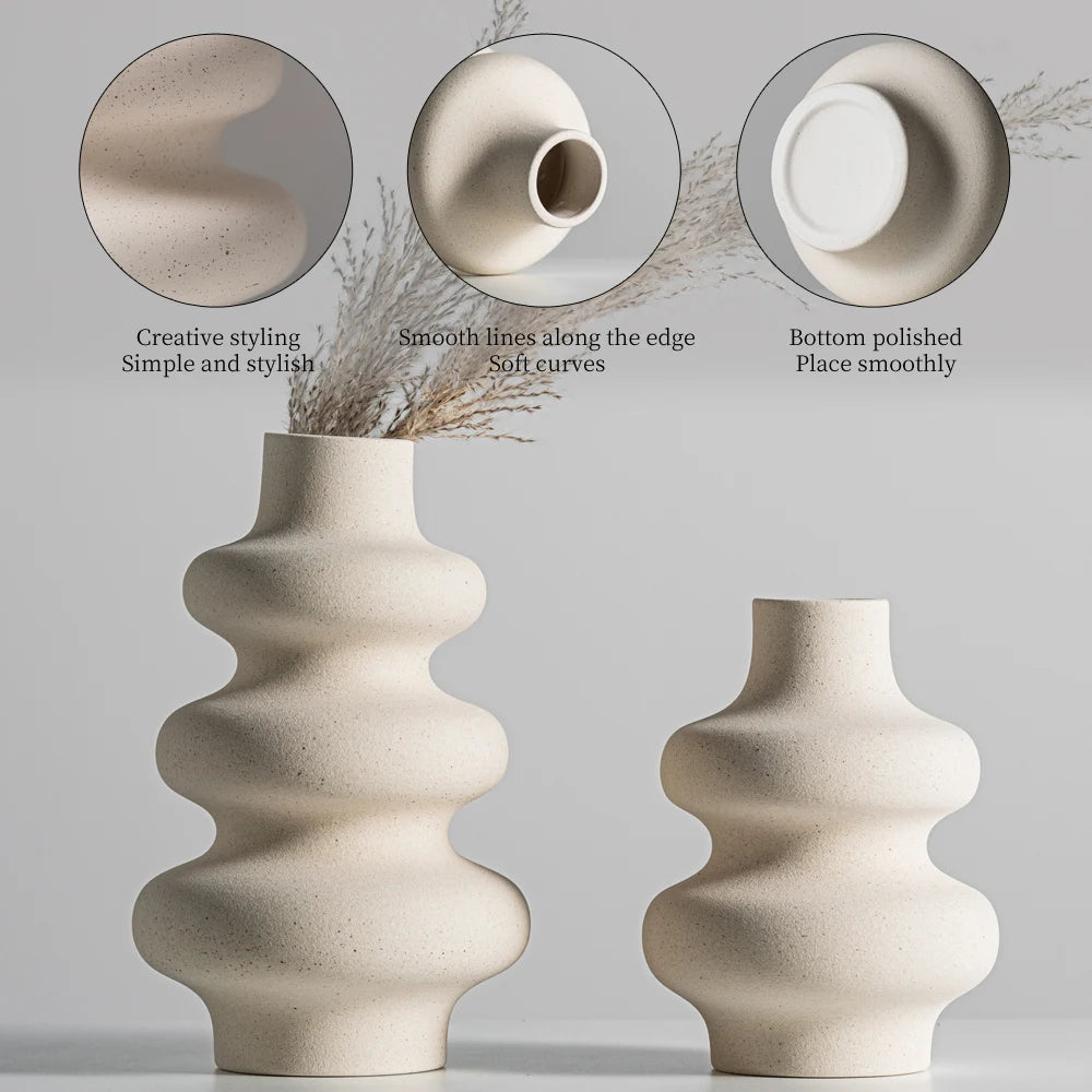 Nordic Ceramic Vase Beige Spiral Vase Home Decoration Living Room Office Desktop Decoration Crafts