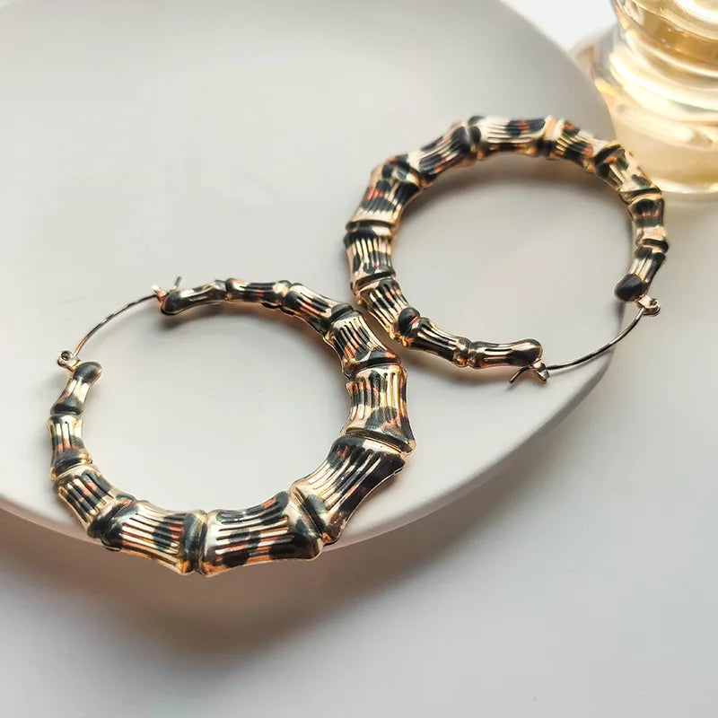 Sexy Big Bamboo Shape Big Iron Hoop Earrings Leopard Print Earring Women