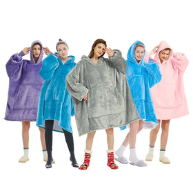 Customizable Hooded Large Size Lamb Wool Blanket Solid Pattern Lined Design Casual Home Clothes Flanged Lazy Hoodie Blanket