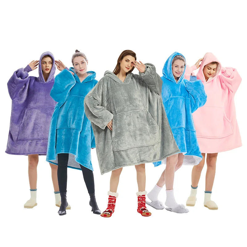 Customizable Hooded Large Size Lamb Wool Blanket Solid Pattern Lined Design Casual Home Clothes Flanged Lazy Hoodie Blanket