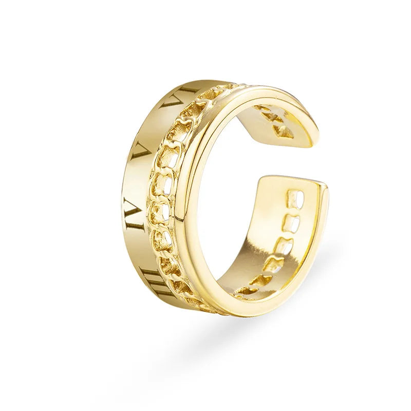 Engagement Hollow Chain Plated Real Gold Fashion Jewelry Roman Numerals Titanium Opening Finger Stainless Steel Rings for Men