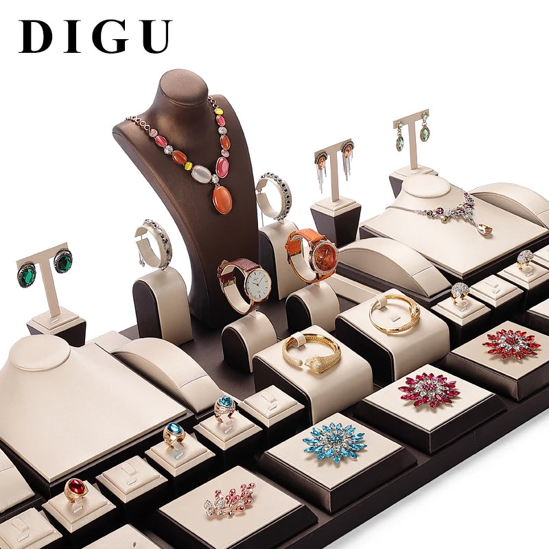 DIGU Standing Jewelry Display Set Luxury champagne Leather Jewelry Display Stand Necklace Display Bust for Windows