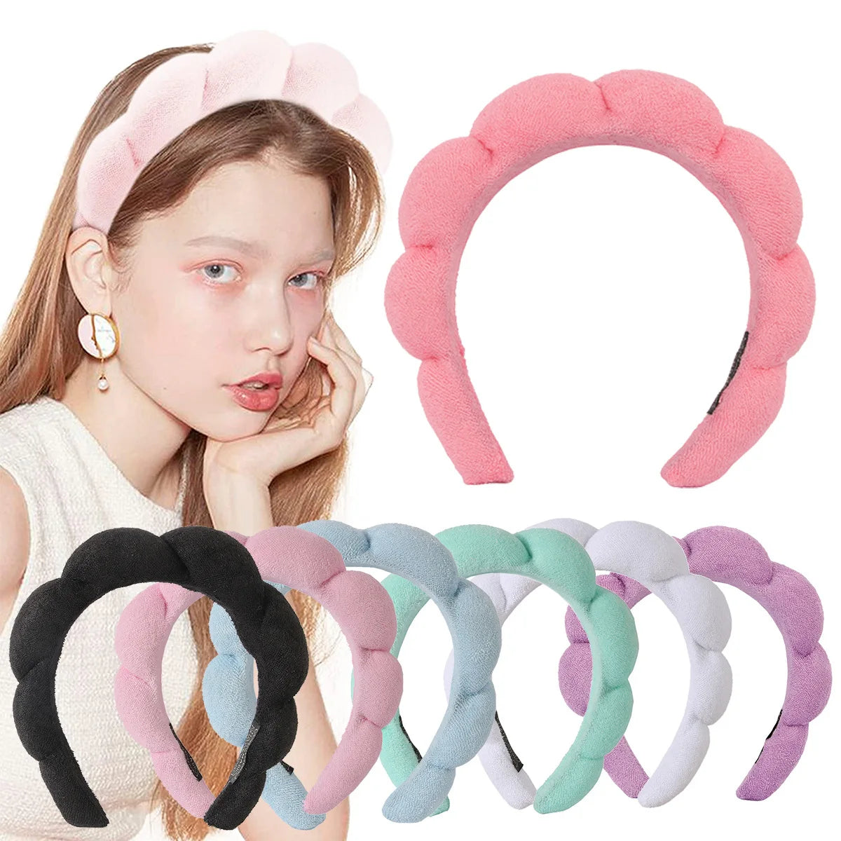 Songmay Women's Fabric Headband Custom Logo Wholesale Twisted Bubble Washing Face Hair Band No-Slip Puffy Sponge Spa Headband