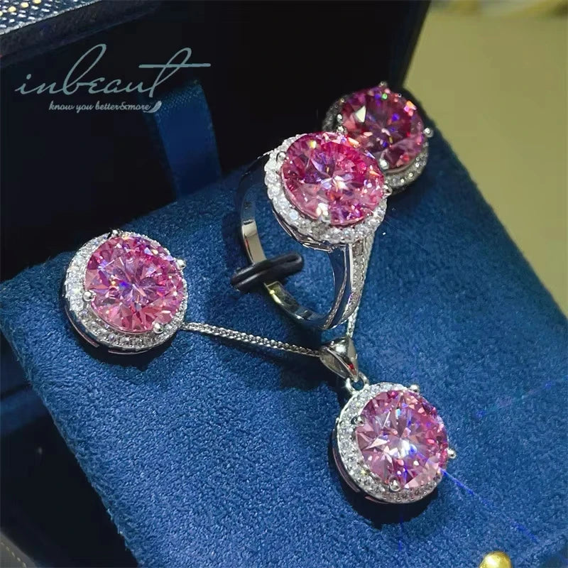 925 Silver Original Total 8ct Brilliant Cut Diamond Test Pink Moissanite Jewelry Set Includes Ring Earrings Pendant Necklace