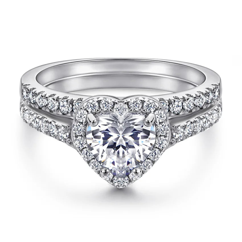 Women Luxury 925 Sterling Silver Wedding Ring Set Heart Shaped Claw Setting Rhodium Plated Engagement Ring Promise