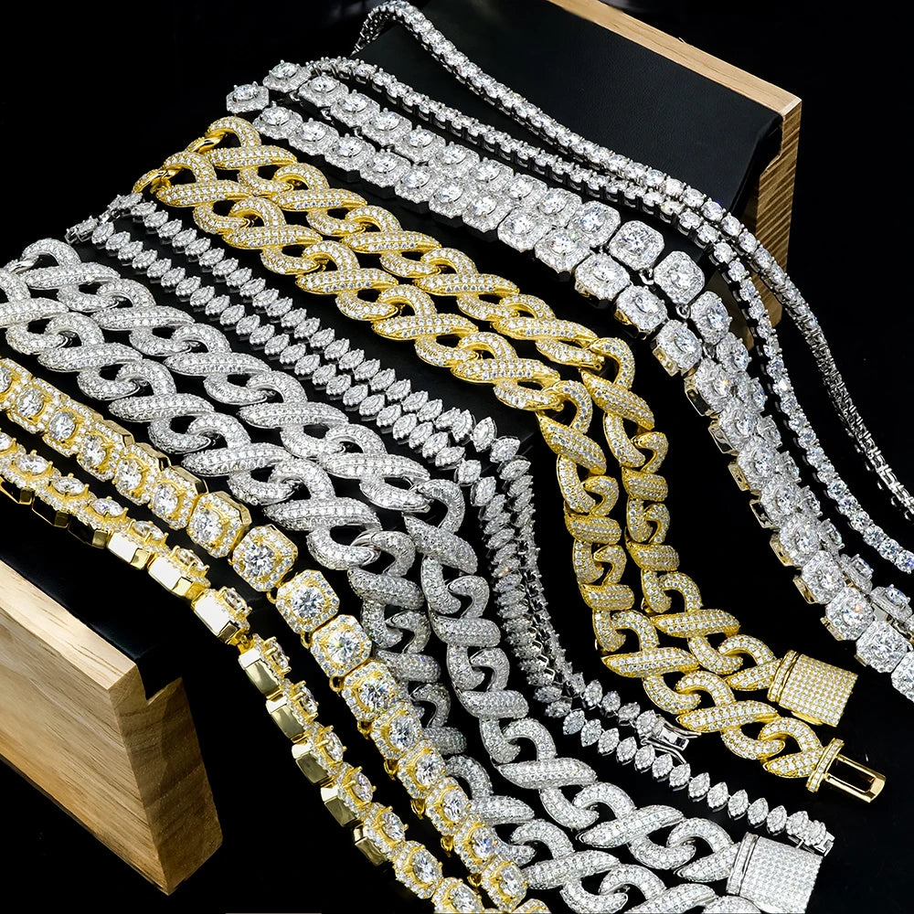 Bling Bling Jewelry Iced Out Big Size square Marquise Clustered Moissanite Diamond  Tennis Chain  Bracelet Necklace Setting