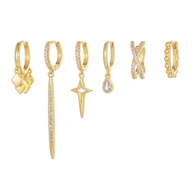 6pcs/set Elegant Trendy Gold & Silver Plated Zircon Geometric Shape Hoop Earrings Fashionable Dangle Clip Jewelry