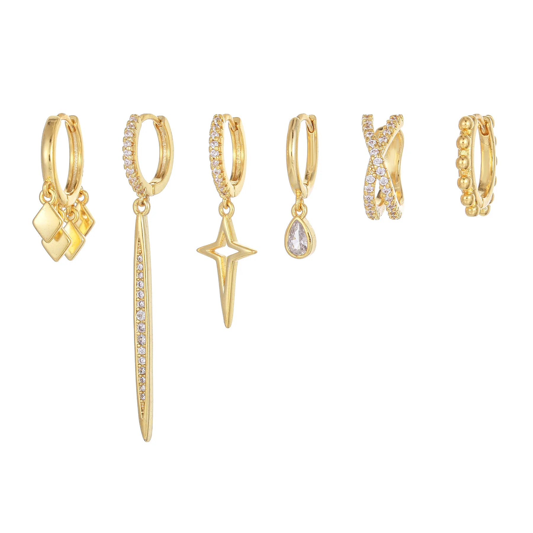 6pcs/set Elegant Trendy Gold & Silver Plated Zircon Geometric Shape Hoop Earrings Fashionable Dangle Clip Jewelry