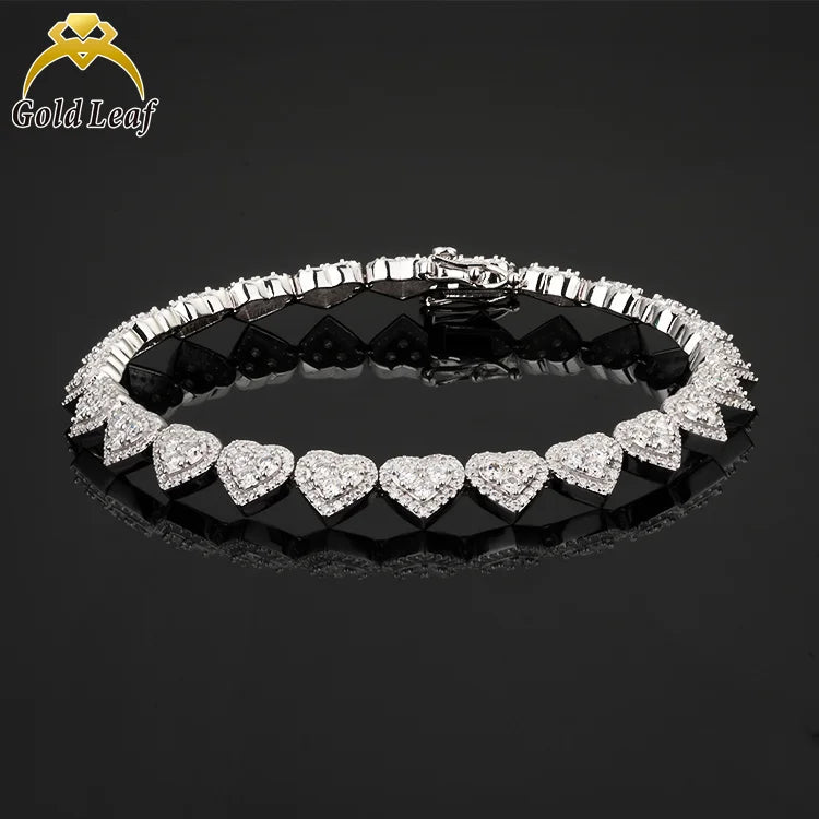 Wuzhou Goldleaf Hip Pop Jewelry Factory Ice Out 925 Silver Gold Plated 8mm Width VVS1 Moissanite Heart Shape Unisex Bracelet