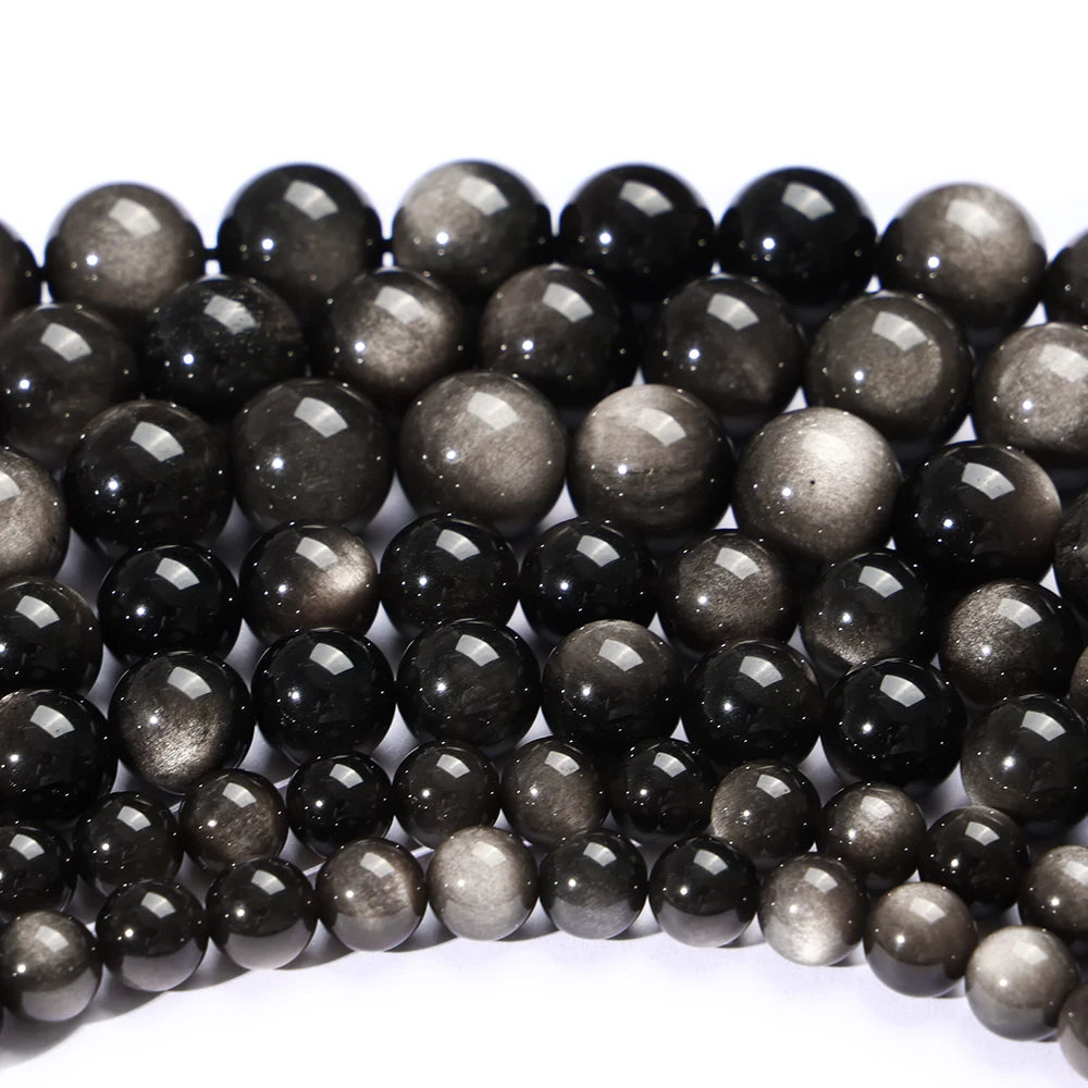JSES Wholesale A++ Natural Silver Obsidian 6mm/8mm/10mm Loose Gem Stone Beads for Jewelry Making Bracelet DIY Accessories