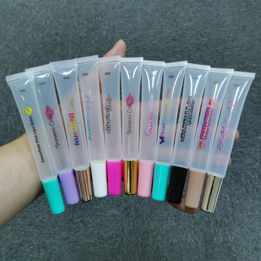 Custom logo Private Label 15ml Slim Long Skinny Empty clear Lipgloss Squeeze Tubes Lip Gloss Balm Squeeze Tubes