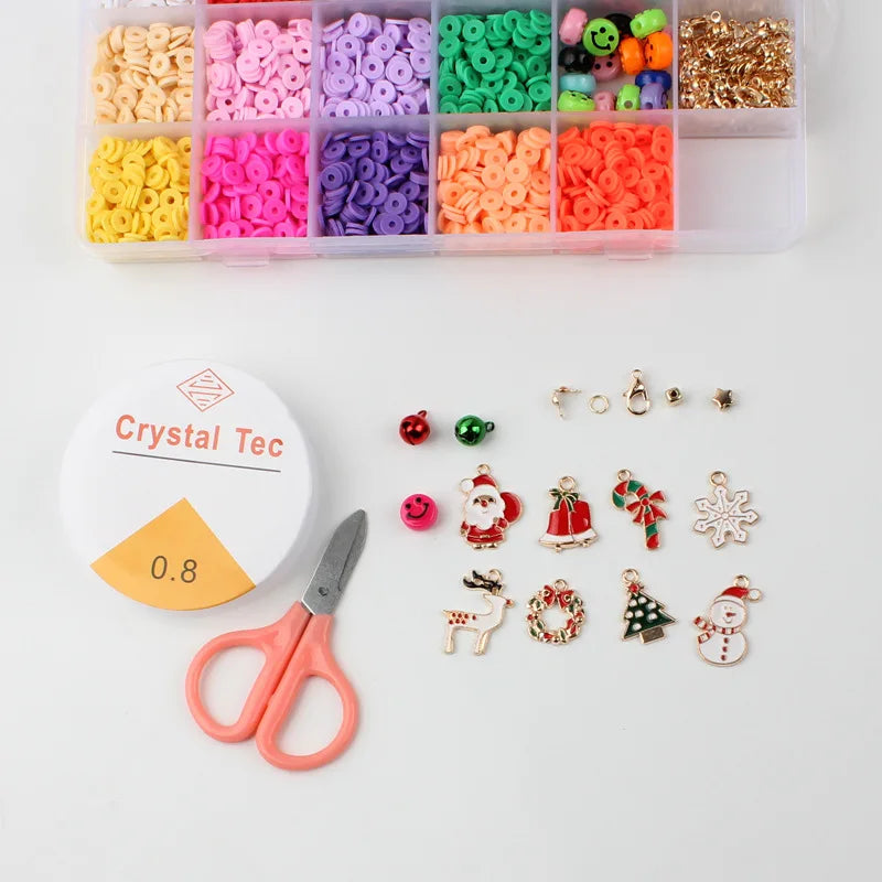 3400 Pcs Round Flat Spacer Clay Beads Kit Smile Beads Bell Charm Dependant Christmas Beads Kits
