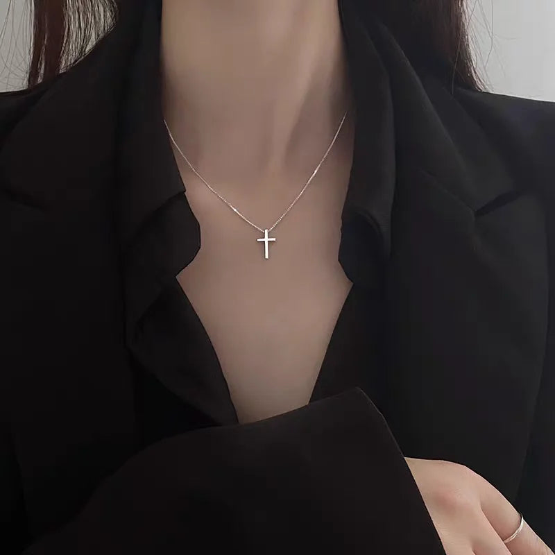 For Vintage Christian Punk Cross Pendant Necklace with Zircon Rhodium Plated 925 Sterling Silver Box Chain for Men & Women