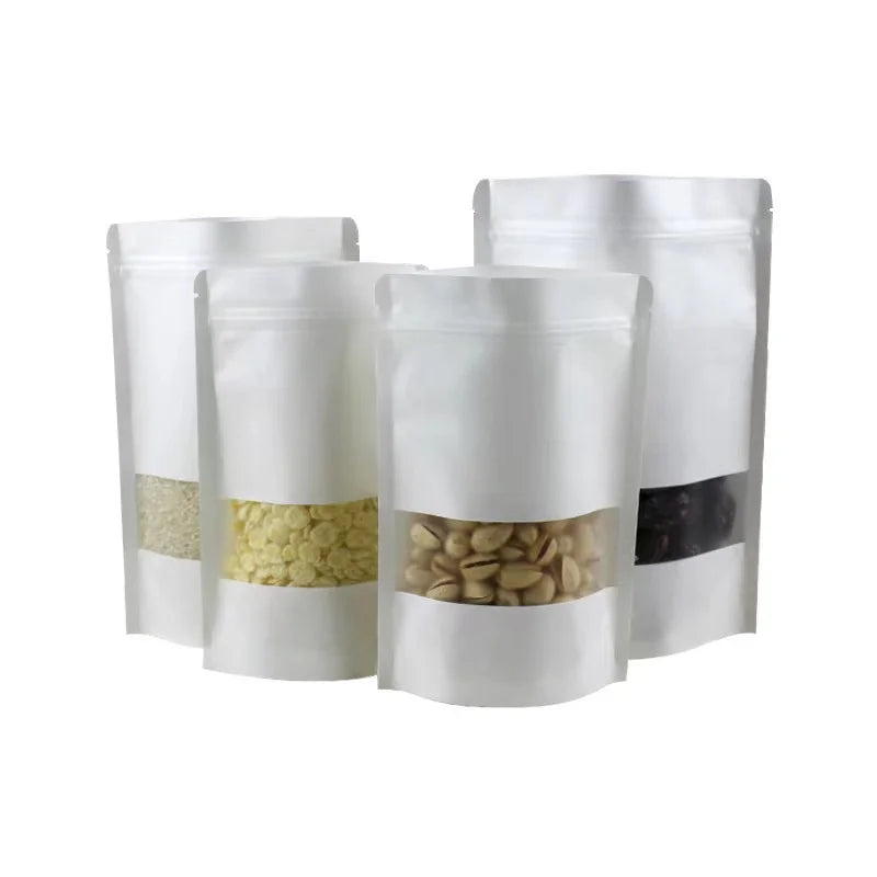 Multiple Sizes White Kraft Paper Stand up Pouch Ziplock Doypack With Frosted Window