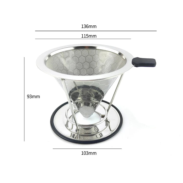 Reusable Stainless Steel Strainer Silver Coffee Filter Funnel Drip Coffee Filter with Holder Filter Coffee Accessories