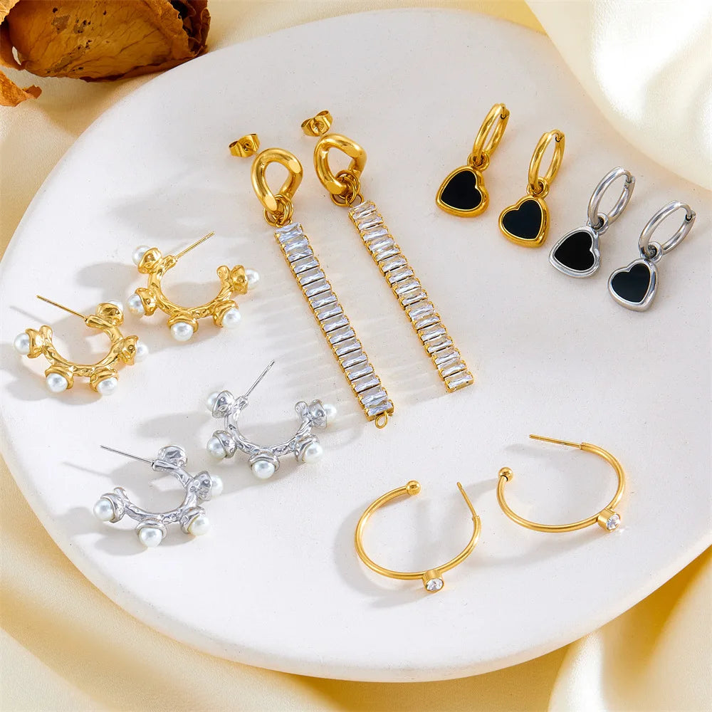 2026 Wholesale Women 18 K Gold Plating Non-fading Long Zirconia Drop  Lady Pearl Ear Studs Stainless Steel Hoop Earrings