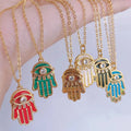 Trendy Hamsa Hand Shaped Charm PendantEvil Eye Inlaid Zircon Natural Mother of Pearl Shell Agate Malachite Tiger Eye Necklace