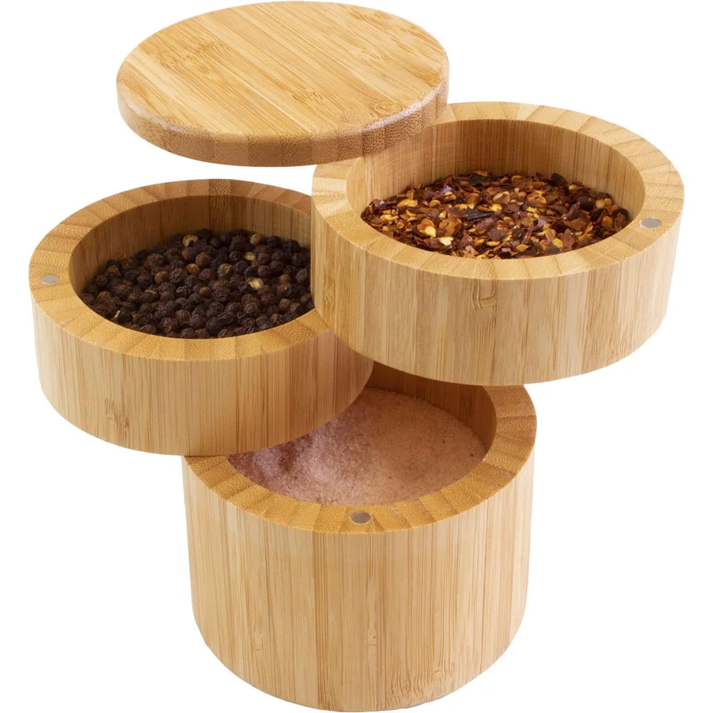 Custom Logo Kitchen Reusable Swivel 3 Tier Bamboo Kitchen Salt and Pepper Storage Box